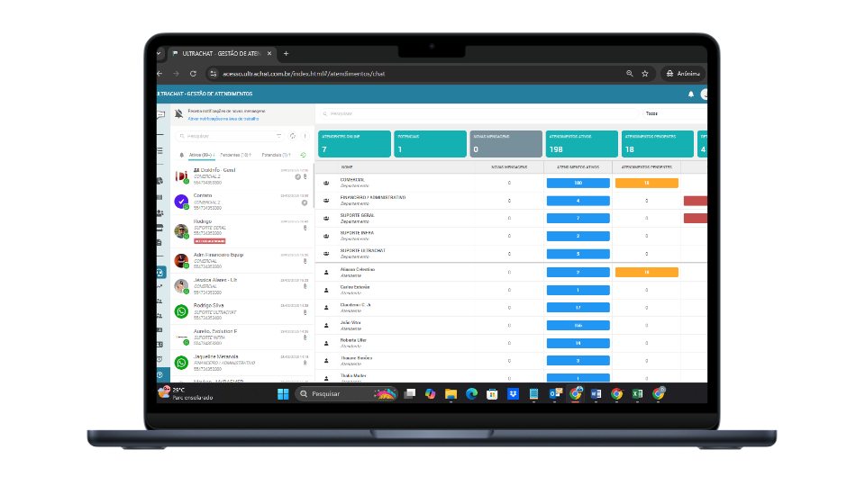 Tela de atendimentos do UltraChat, com lista de conversas, departamentos e atendentes